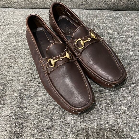 Gucci Dark Brown Leather Loafers with Gold Hardware